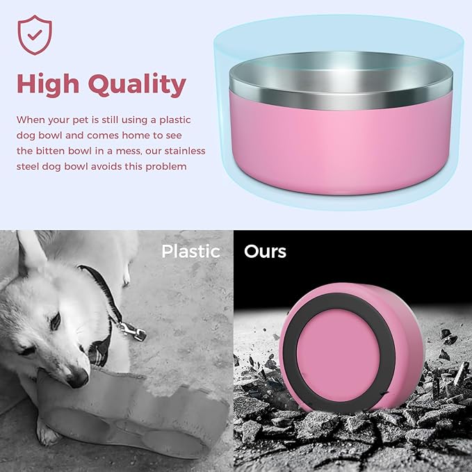 Dog Bowl, Stainless Steel Dog Food and Water Bowl with Non Slip Quiet Bottom, Easy to Clean, Dishwasher Safe, 40oz, Pink