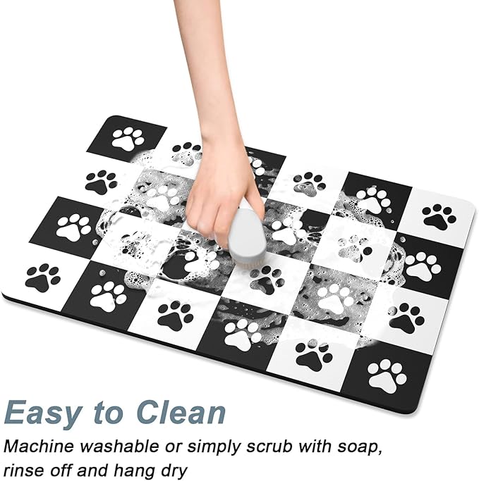 Rnivvi Dog Food Mat, 12" x 19" Footprint Absorbent Dog Cat Bowl Mat for Food and Water, Cute Anti-Slip Rubber Pet Feeding Rug Protect Floors, Puppy Placemat for Feeding & Watering Supplies,Black White