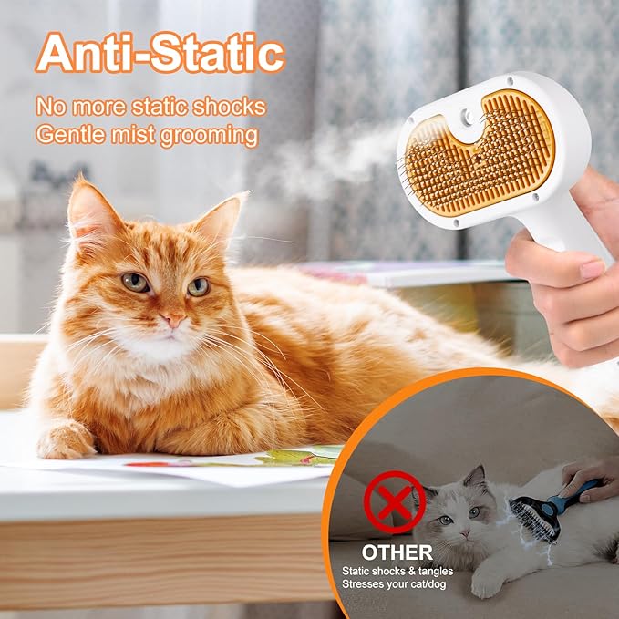 3-in-1 Pet Steam Brush Set for Dogs & Cats, Grooming Comb with Spray, Defur Tool, Water-Assisted Hair Removal, Gentle Cat & Dog Spritz Brush, Multi-Purpose Steam Grooming Kit