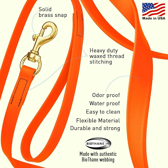 Viper Biothane K9 Working Dog Leash Waterproof Lead for Tracking Training Schutzhund Odor-Proof Long Line with Solid Brass Snap for Puppy Medium and Large Dogs, 20ft Hunter Orange