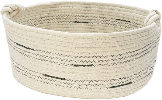 Fhiny Cotton Rope Dog Toy Basket with Handle Puppy Toys Storage Bin Small Woven Rectangle Diapers Pet Kitty Bed Perfect for Carry Pet Chew Toys Blankets Leashes Doggie Stuff - Beige L