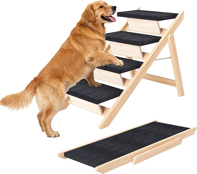 Dog Stairs/Ramp for Bed, Wooden Convertible Pet Steps, Portable Dog Ladder Up to 180 Pound for Elderly/Short-Legged Dogs, 4 Steps for Beds, Couch, Cars