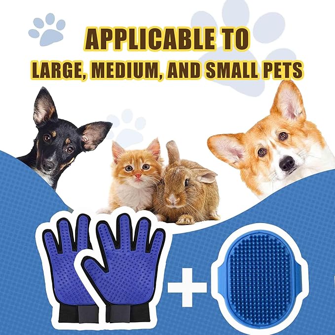 Cat & Dog Grooming Gloves - Dog Shampoo Brush & Deshedding Brush for Shedding, Gentle Pet Hair Remover & Massage Gloves for Cats, Dogs, All Fur Types (1 Brush +1 Pair Gloves)