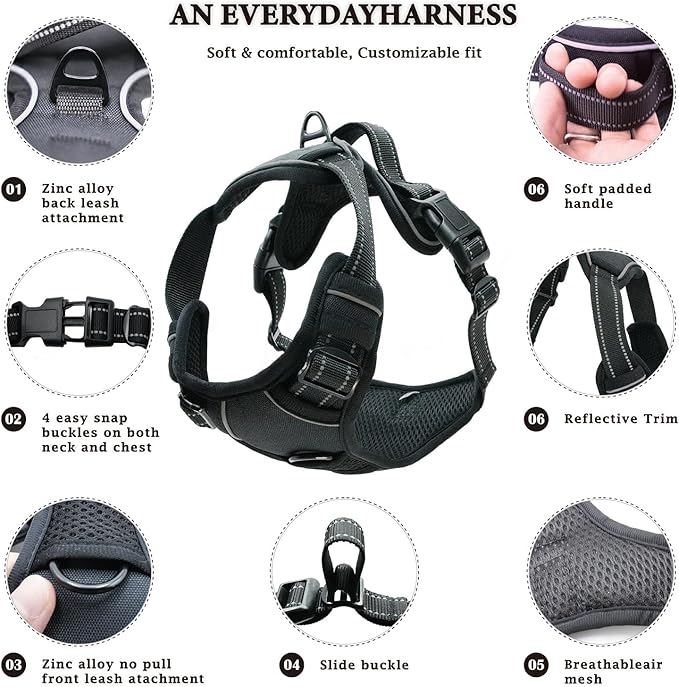 No Pull Dog Harness, Reflective Comfortable Vest Harness with Front & Back Easy Control Handle Adjustable Soft Padded Pet Vest for Small to Large Dogs(Gray,L)