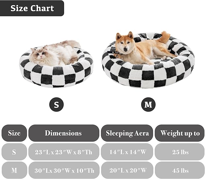 Checkered Cat Dog Bed, Cute Black White Retro Style Aesthetic Round Warming Pet Calming Beds for Small Dog and Cats, Plush Cozy Donut Beds Washable, 23" L x 23" W x 8" Th