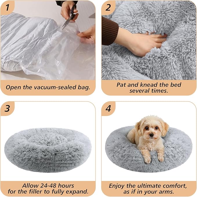 JOLLYVOGUE Calming Dog Bed Large Size Dog, Anti-Anxiety Donut Large Pet Bed, 36 inches Fluffy Faux Fur Round Cat Bed, Fits up to 75 lbs Pets (Smoke Grey)