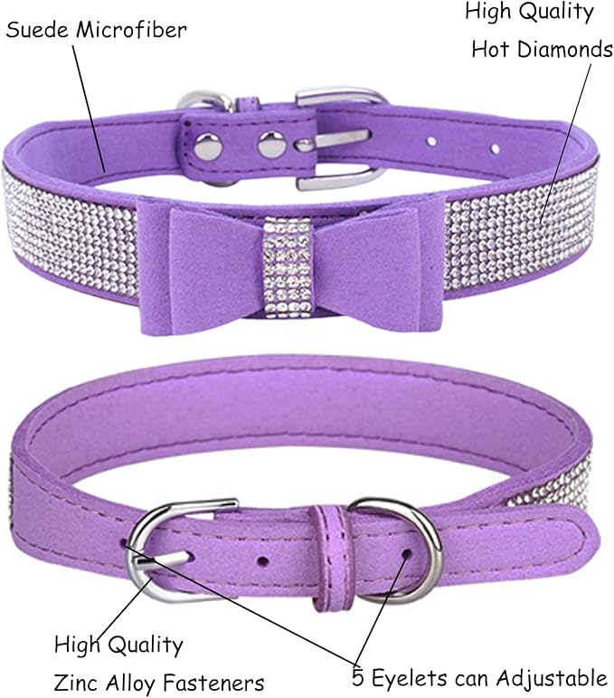 Bling Dog Collar for Small Medium Large Dogs, Crown Rhinestone Dog Collars for Girl and boy Dog, Diamond Puppy Collars, Adjustable Leather Suede SOFE Cat Collar (M(13"-15.4"/33CM-39CM), Purple3)