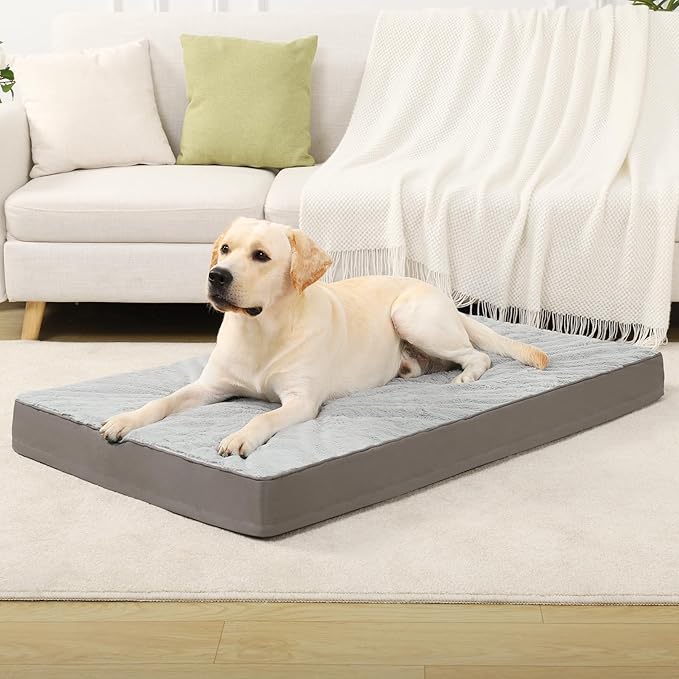 KSIIA Orthopedic Dog Bed Waterproof Dog Crate Bed for Extra Large Dogs Deluxe Plush Washable with Egg Crate Foam & Removable Cover, 47 x 29 Inch, Gray
