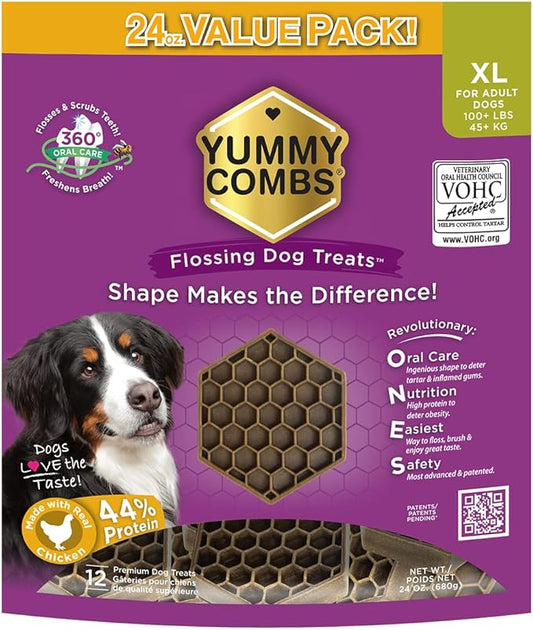 Yummy Combs Dog Dental Treats – Vet VOHC Approved – Delicious Chicken Protein – Removes Tartar with Cleaning Comb Shape – Dental Dog Treats for Extra Large Dogs (24oz, 12 Count)