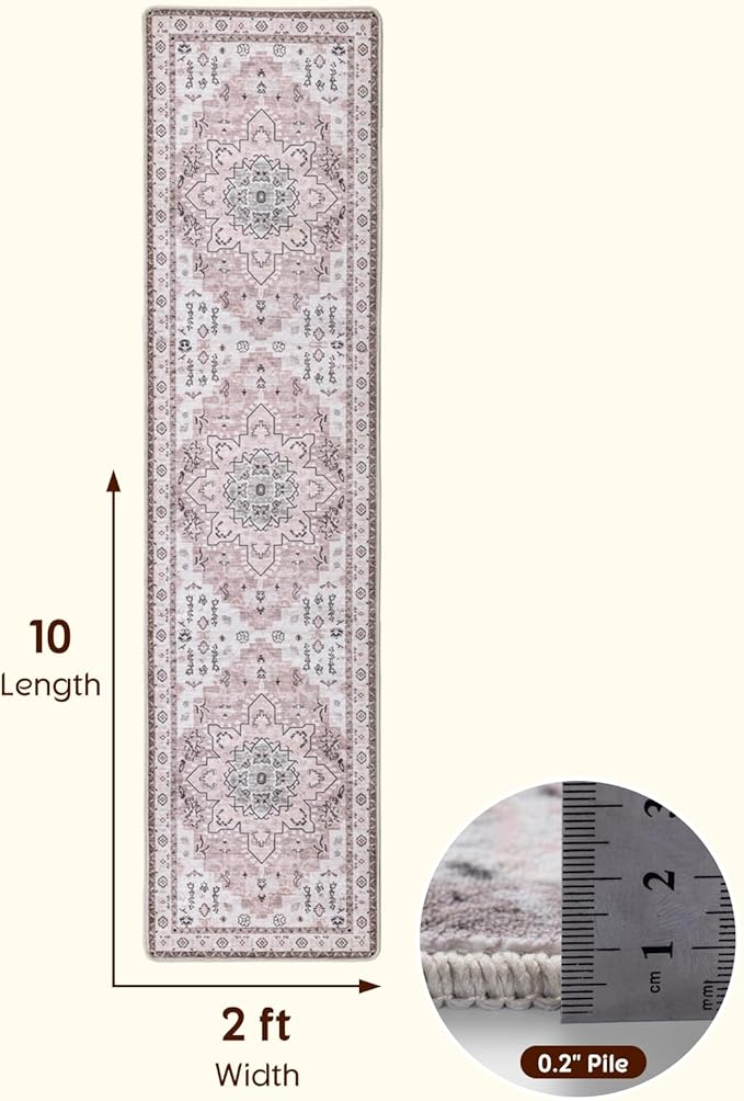 LBRO2M Boho Hallway Rug 2'X10’ Washable Runner Rugs Non Slip Low Piles Rugs Vintage, Soft, Pink Area Rug Runners for Hallways, Bedroom, Kitchen Laundry Room Pattern Print (2'X10', Light Pink)