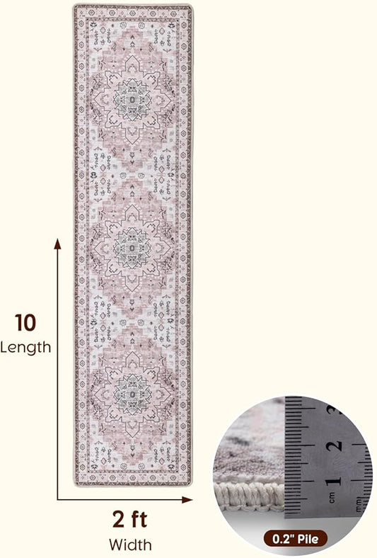 LBRO2M Boho Hallway Rug 2'X10’ Washable Runner Rugs Non Slip Low Piles Rugs Vintage, Soft, Pink Area Rug Runners for Hallways, Bedroom, Kitchen Laundry Room Pattern Print (2'X10', Light Pink)