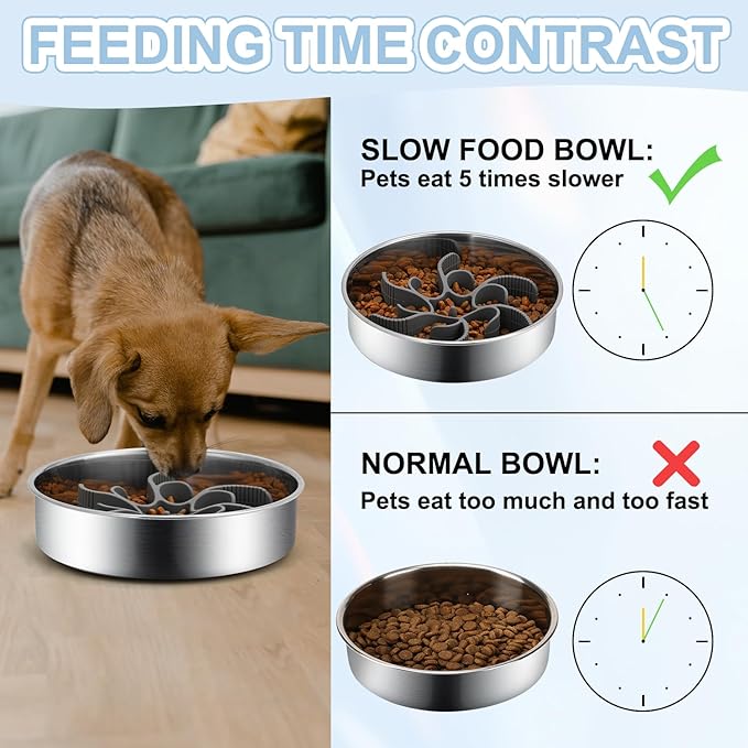 2-in-1 Slow Feeder Dog Bowls, Stainless Steel Pet Bowls with Silicone Slow Feeder Insert, Removable Non-Slip Rubber Base for Small, Medium, and Large Dogs to Slow Down Eating (Large Breed)