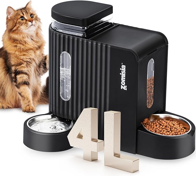 Gravity Cat Feeder and Water Dispenser with 304 Stainless Steel Bowls, 2 in 1 Automatic Cat Feeder with 180 Degree Rotatable Water Bowl, Large Capacity for Puppy Kitten Rabbits, Black