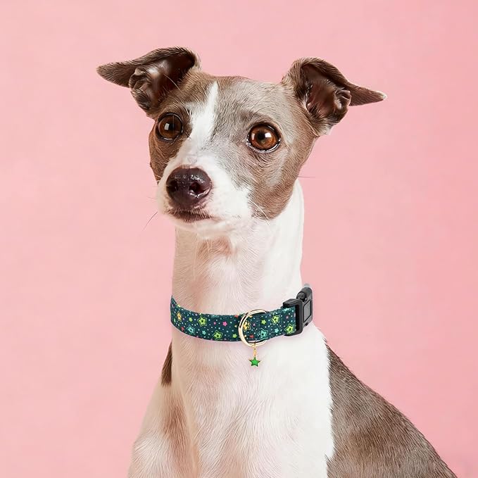 Cotton Dog Collar,Adjustable Cute Puppy Collar with Moon Patterned Design for Small Medium Large Dogs,Soft and Fancy Pet Collar with Safety Buckle for Girl Boy Dogs (Green Star, S)