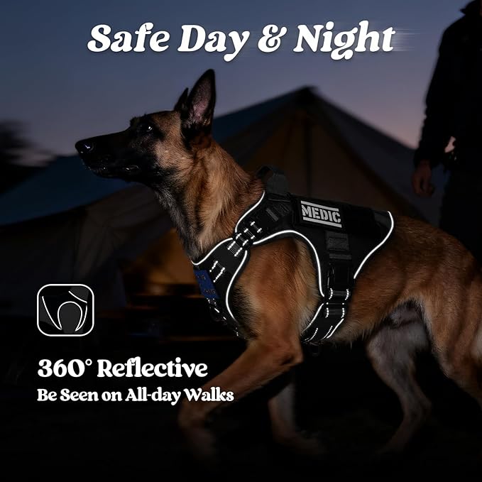rabbitgoo Tactical Dog Harness Medium Large Sized, No Pull Upgraded Reflective Heavy Duty Molle Vest with Handle, Adjustable Military Service Dog Vest for Walking Hiking Training, Black, M
