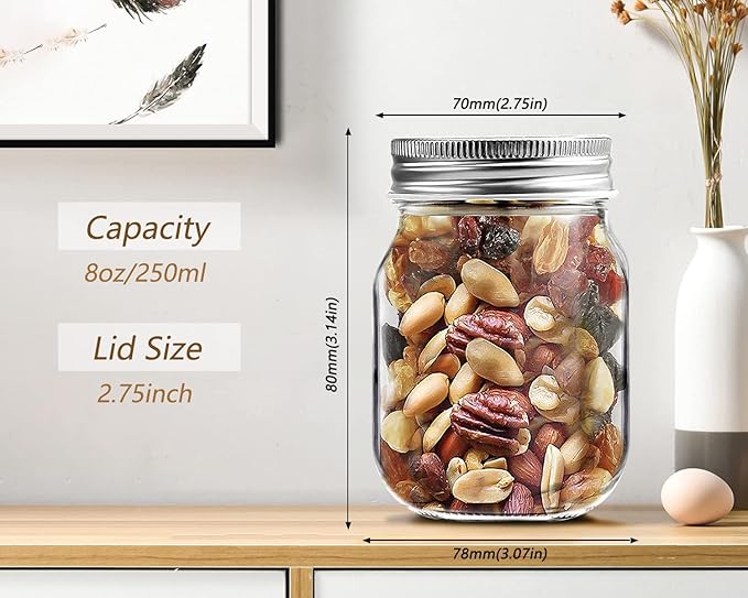 6 PCS Mason Jars with 70mm Regular-Mouth Glass Canning Jars, clear glass jars with Silver Metal Lids for Jelly, Sara,Bird’s Nest, Jam, Milk Tea,wedding-gifts,as an element of interior(2pcs 4.8oz/2pcs 8oz/2pcs 16oz)