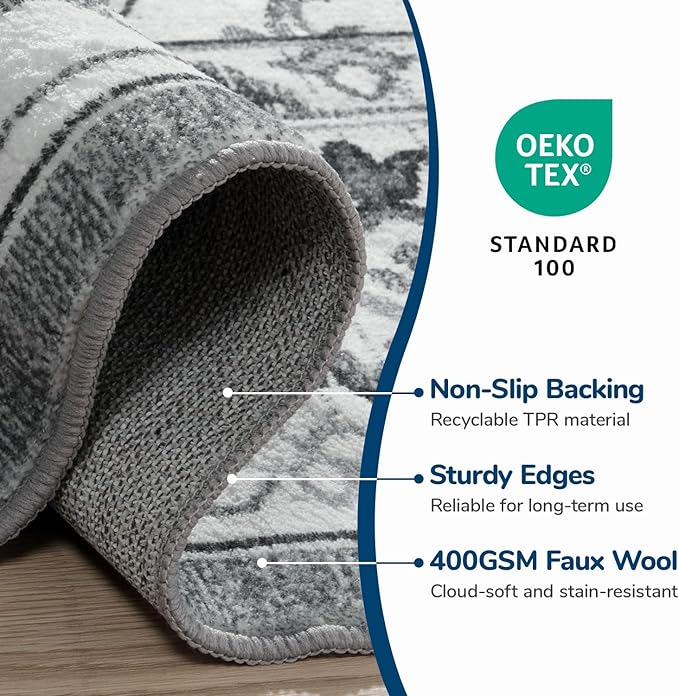 Lessymo 7 x 10 Area Rugs for Living Room- Machine Washable Area Rugs Boho Faux Wool Low Pile Area Rug for Bedroom, Floral Medallion Vintage Rugs with Non-Slip Rubber, Kid & Pet Friendly, Grey White