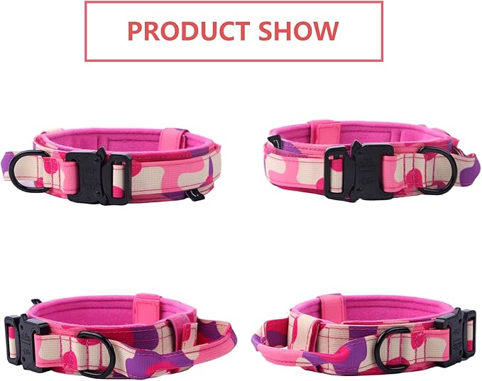 Xqpetlihai Tactical Dog Collar Adjustable Military Nylon Dog Collar with Control Handle and Heavy Duty Metal Buckle for Medium and Large Dogs (Pink Camo,XXL)