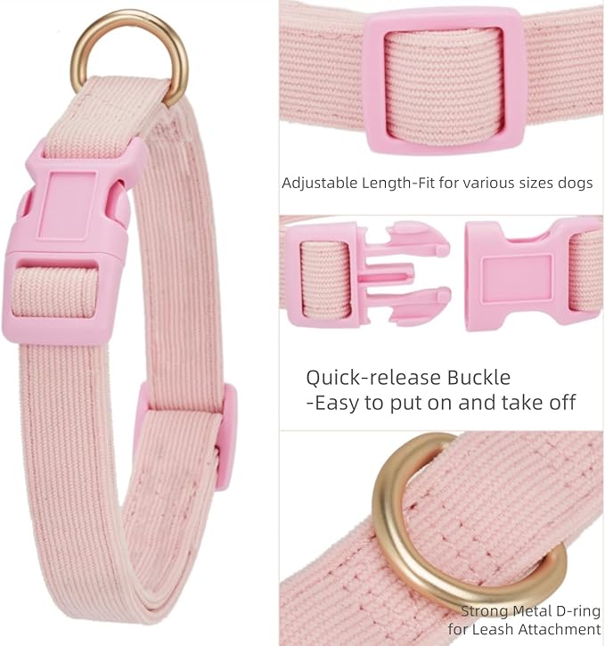 Soft Corduroy Fibric Dog Collar, Quick Side Release Buckle, for Medium Dogs(Light Pink,Medium:12-19")