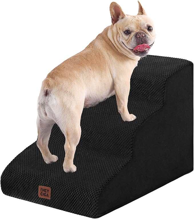 EHEYCIGA Curved Dog Stairs Ramp for Small Dogs 15.7" H, 3-Step Dog Steps for Couch Sofa and Chair, Pet Stairs for Cats, Non-Slip Balanced Pet Steps Indoor, Black