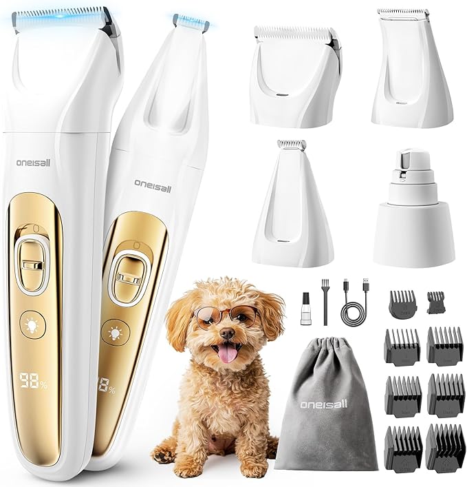 oneisall Quiet Dog Grooming Kit 4 in 1, LED Light Dog Nail Grinder, 2000mAh Pet Grooming Clippers Paw Trimmer for Paw, Nail, Face, Ears, Legs, Body with Storage Bag