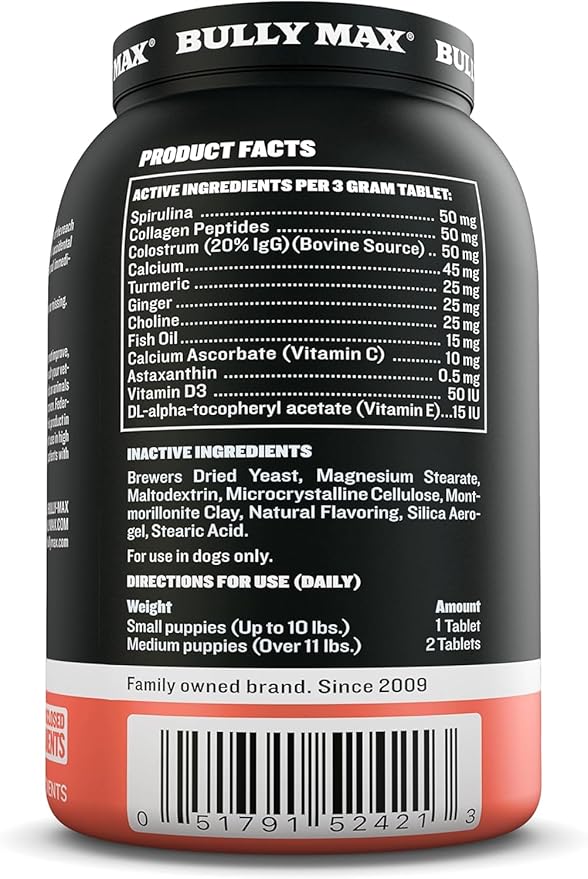 Bully Max 2-in-1 Puppy Vitamins - 30 Chewable Tablets for Growth & Development of Puppies - Multivitamin Treats & Essential Dog Supplements for Small Dogs & Large Breed Growing Pups - 3 Bottles