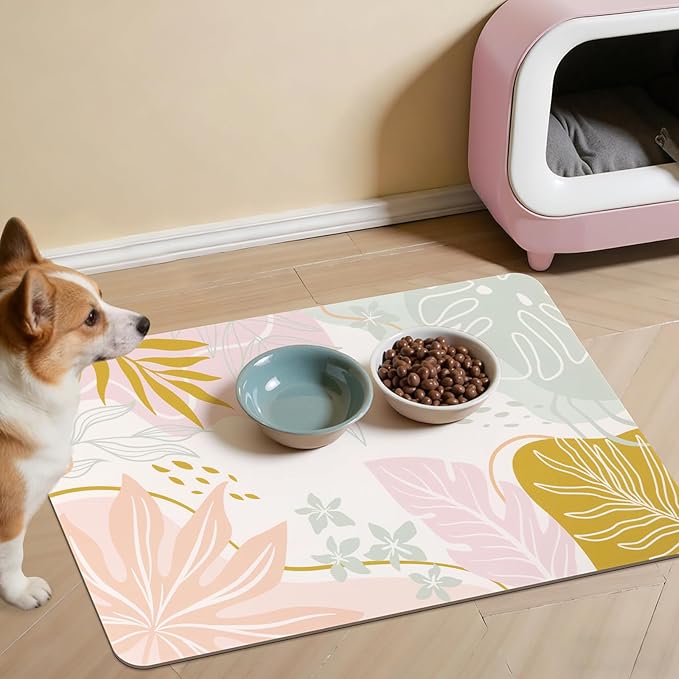 Topotdor Boho Dog Food Mat for Floors, Absorbent Quick-Dry Cat Pet Feeding Mat, Non-Slip Dog Bowl Mat for Food and Water, Pet Placemat for Dogs, Cats, Puppy Accessories, 16"x24", Pink