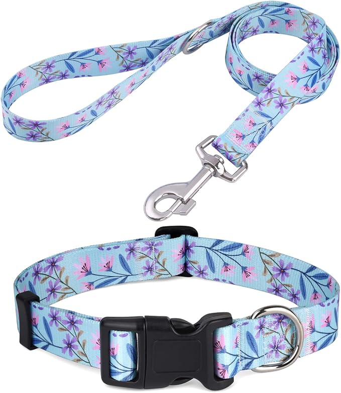 Dog Collar and Leash Set with Bohemia Floral Tribal Geometric Patterns - Soft Ethnic Style Collar Adjustable for Small Medium Large Dogs(Pink + Purple Floral Set,XS)