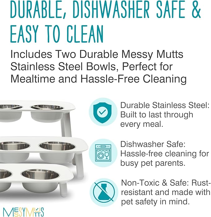 Messy Mutts Elevated Double Feeder with Stainless Bowls | Adjustable Height 3”, 5”, or 10” | Adjustable Standing Feeder for Dogs | 5 Cups per Bowl | Light Grey