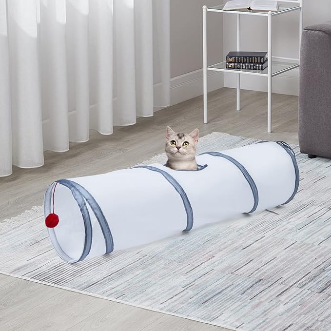 Sheldamy Cat Tunnel, 2-Way Cat Tunnels for Indoor Cats, Collapsible Cat Play Tunnel, Interactive Toy Maze Cat House with 1 Play Ball for Cats, Puppy, Kitty, Kitten, Rabbit (White & Grey)