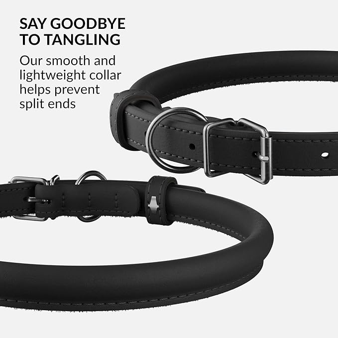 CollarDirect Rolled Leather Dog Collar, Soft Padded Round Puppy Collar, Handmade Genuine Leather Collar Dog Small Large Cat Collars 13 Colors (13-16 Inch, Black Smooth)