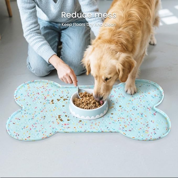 Dog Food Mat Anti-Slip Silicone Dog Bowl Mat Thicker Pet Placemat Waterproof Cat Feeder Pad with Raised Edge Puppy Kitten Feeding Mats Suitable Small Medium-Sized Dogs Cats Eating Tray