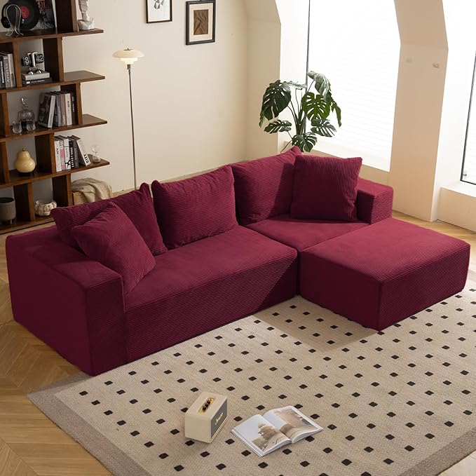 108" L-Shaped Boneless Couch, Modular Sectional Sofa with Moveable Ottoman, Corduroy Cloud Couches for Living Room, No Assembly, Ship in a Box, Red