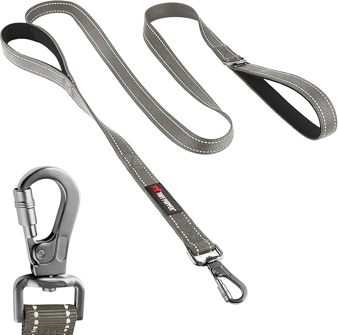 Tuff Pupper Heavy Duty Double Handle Leash | Twist Locking Carabiner Clip | Safety Lock for Strong Dogs | Reflective for Safe Night Walks | 6 Foot Leash | For Medium & Large Dogs