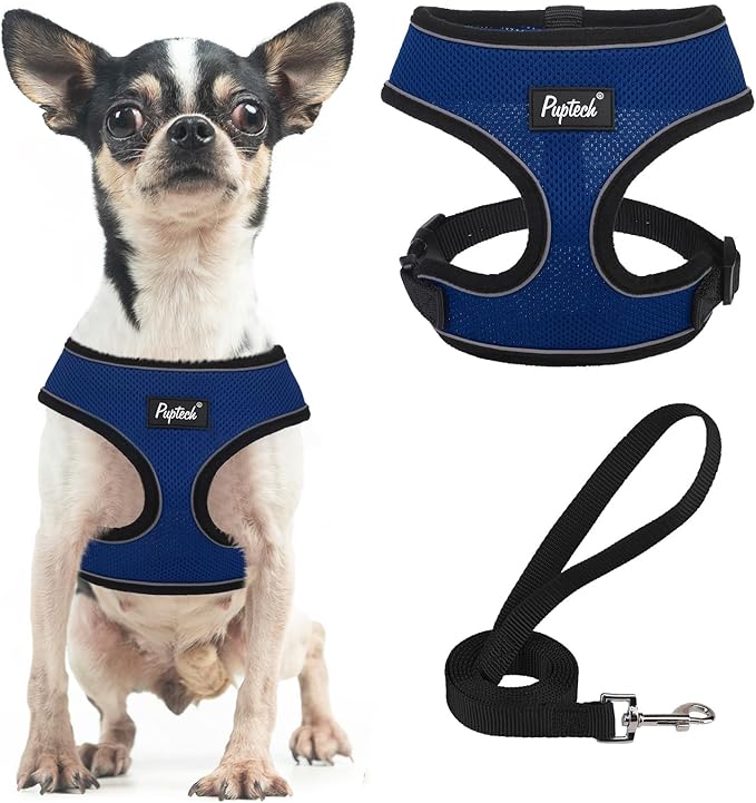 PUPTECK Soft Mesh Dog Harness and Leash Set Pet Puppy Cat Comfort Padded Vest No Pull Harnesses, Solid NavyBlue, XS