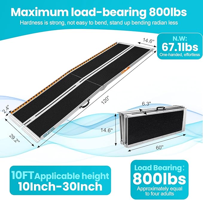 Wheelchair Ramp 10ft, Non-Skid Aluminum Folding Ramps for Wheelchairs for Home Steps, 800 LBS Capacity Handicap Ramp for Doorway, Homes, Threshold, Entry, Stairs 120" Lx 29.2" Wx2H