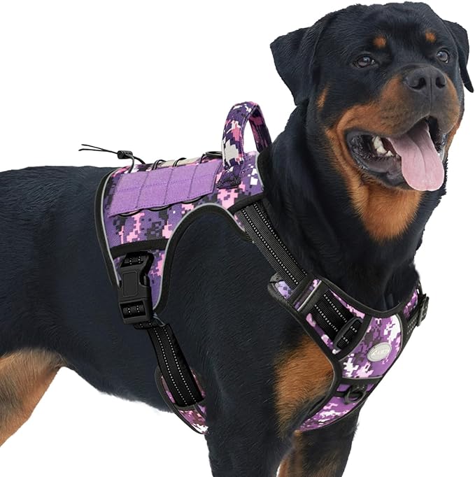 Auroth Tactical Dog Harness for Small Medium Large Dogs No Pull Adjustable Pet Harness Reflective K9 Working Training Easy Control Pet Vest Military Service Dog Harnesses (L, Purple Camo)
