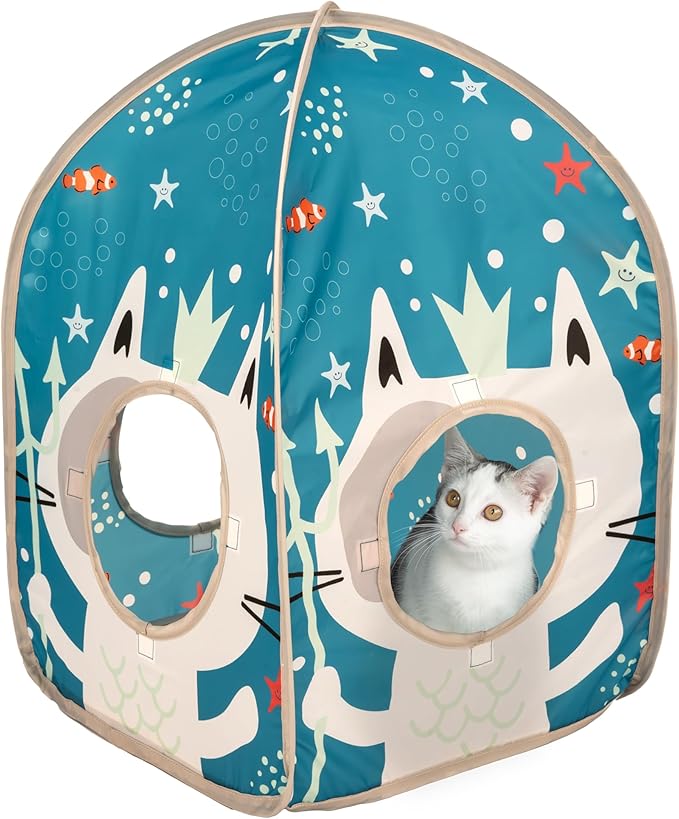 Kitty City Ocean-Themed Pop-Up Cat House, Collapsible Indoor Cat Hideout with Peekaboo Openings, Lightweight Foldable Cat Play Furniture for Play & Lounging