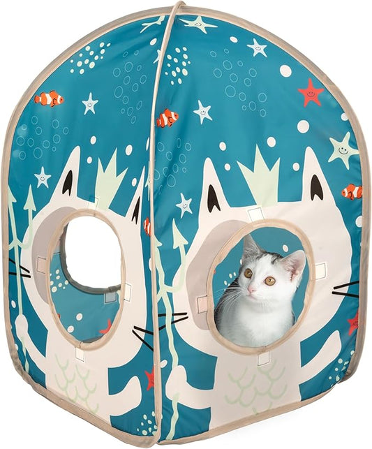 Kitty City Ocean-Themed Pop-Up Cat House, Collapsible Indoor Cat Hideout with Peekaboo Openings, Lightweight Foldable Cat Play Furniture for Play & Lounging