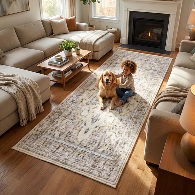 Muddy Mat짰 Tuscany 3ft x 7ft Washable Area Rugs for Living Room, Bedroom & Dining Room ??Modern Soft Low Pile Non Slip Carpet ??Pet Friendly Waterproof Foldable Rugs for Home