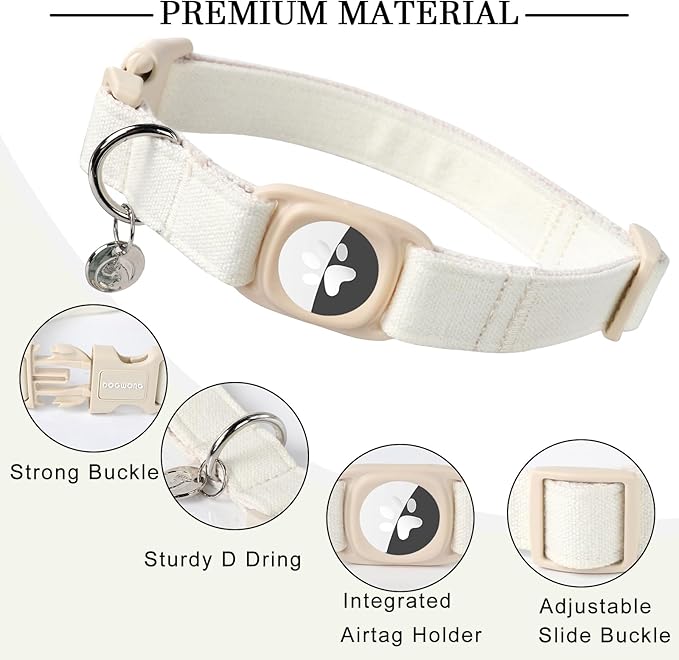 DOGWONG Airtag Cotton Hemp Dog Collar, Heavy-Duty Dog Collar with Airtag Holder White Natural Fabric Pet Cute Puppy Necklace for Small Medium Large Dogs