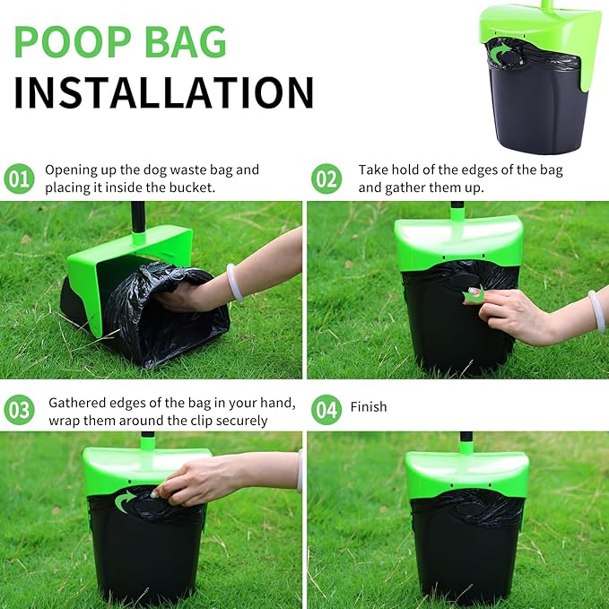 Pooper Scooper Large Swivel Bin & Rake with 160 Waste Bags,Heavy Duty Dog Pooper Scooper with Bag Attachment for Dogs, Long Handle Poop Scooper with Lid for Yard, Grass, Gravel(Green)
