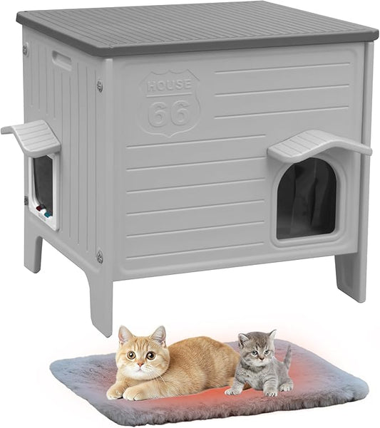 Deblue Cat House Outdoor with Cat Mat Weatherpoof Plastic Cats Houses with Escape Door Indoor Waterproof Feral/Pet Cat Shelter Outside for Puppy, Rabbit(Grey)