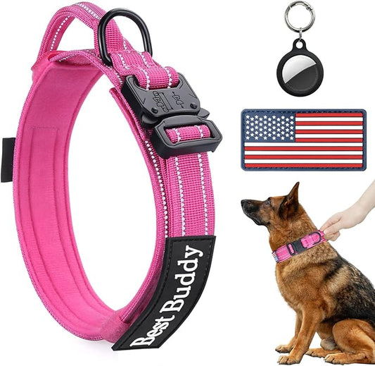 AUBELL Reflective Tactical Dog Collar,Adjustable Military Heavy Duty K9 Collars with Handle and Quick Release Metal Buckle Great for Medium Dogs, with Airtag Case and 2 Patches (Pink,M)