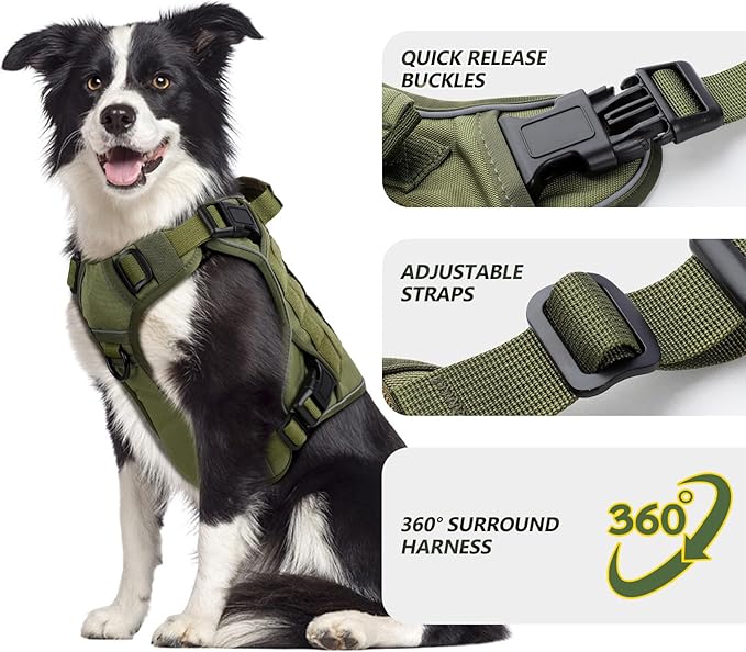 WINGOIN Tactical Dog Harness for Extra Large Dogs, Heavy Duty No Pull Dog Harness with Handle, Adjustable Reflective Military K9 Big Dog Vest for Great Dane, Walking, Training, Hunting, Green (XXL)