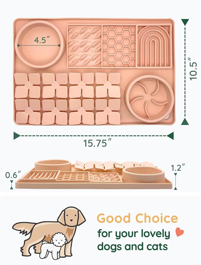 Slow Feeder Bowl, Silicone Lick Mat with Suction Cups for Dog Cat, Snuffle Mat for Pet Smell Training, Puzzle Toys for Bored Puppy,Interactive Sniff Mat for Slow Eating & Keep Busy,Creamy Peach