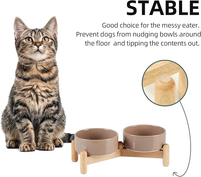 Ceramic 5.1inch Raised Double Bowls Set with Wooden Stand, Elevated Food & Water Bowls for Small Breed Dogs, Cats, Kitty, Weighted Dog Dishes, Pet Bowls(13.5oz, Brown Coffee)