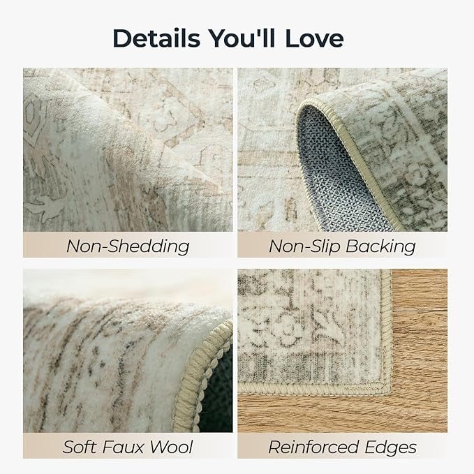 Washable Large Area Rugs 8x10 for Living Room Bedroom Dining Room, Luxury Cozy Neutral Retro Distressed Stain Resistant Beige Rug, Soft Faux Wool Non Slip Indoor Foldable Carpets