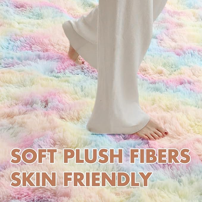 9x12 Ft Extra Large Shag Kids Colorful Rug for Living Room, Ultra Soft Fluffy Furry Area Rugs for Nursery Bedroom Indoor Floor, Girls Aesthetic Carpet Home Decor (Rainbow)