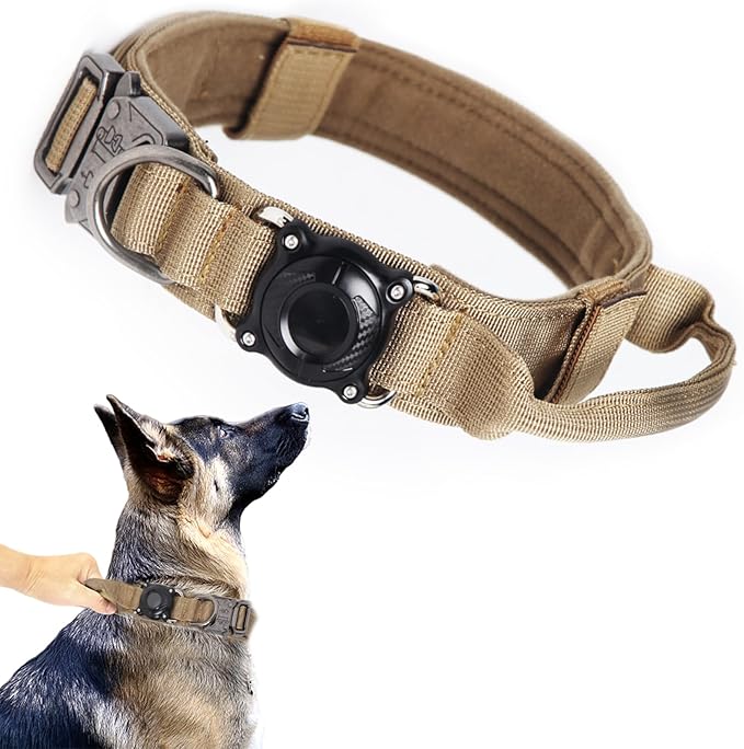 Xqpetlihai Upgraded AirTag Dog Collar Waterproof Tactical Dog Collar with AirTag Holder Heavy Duty Dog Collars for Large Dogs (Brown，XXL